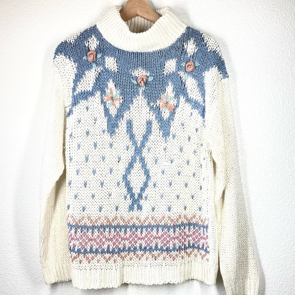 Vintage 80s Knit Sweater Grandma Cottagecore Medium hand knit Floral colterbay - Picture 1 of 12